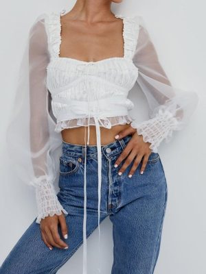 Ribbon Lace-up Organza Sleeves Jacquard Shirt Spring Solid Color Square Collar Long Sleeve Shirt