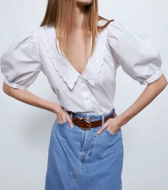 Eyelet Embroidered Collar French Shirt