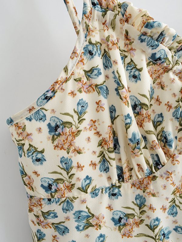 Summer Suspender Printed Dress Ruffled Tied Backless