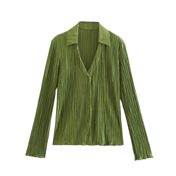 Women Clothing Spring Fine Pleated Satin Slim Long-Sleeved Green Shirt Top textured