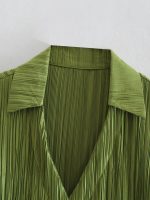 Women Clothing Spring Fine Pleated Satin Slim Long-Sleeved Green Shirt Top textured