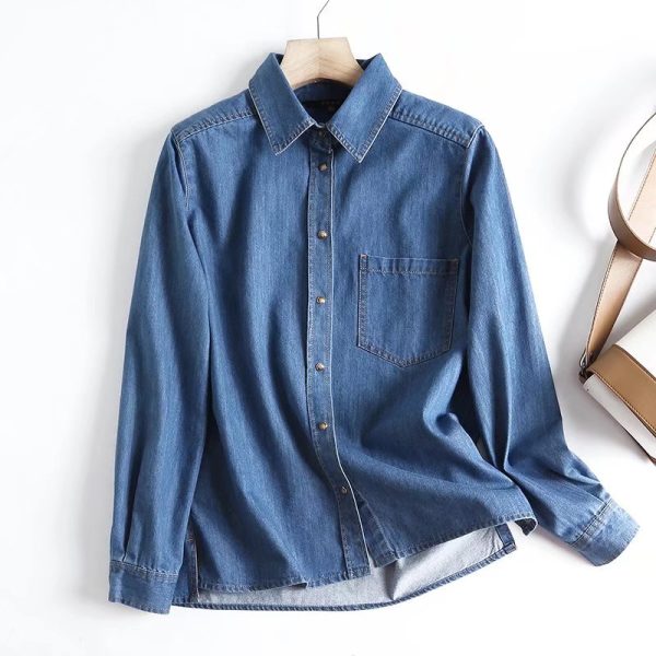 Spring Collared Long Sleeve Chest Pocket Decorative Buckle Denim Shirt Women