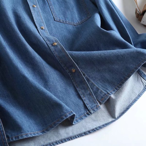 Spring Collared Long Sleeve Chest Pocket Decorative Buckle Denim Shirt Women