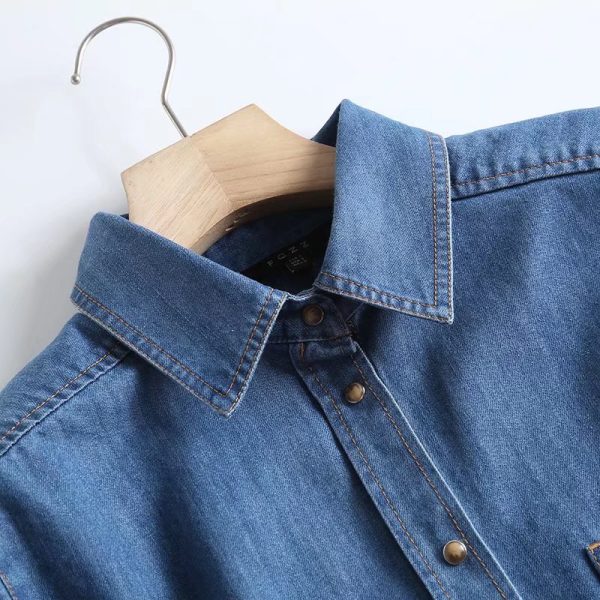 Spring Collared Long Sleeve Chest Pocket Decorative Buckle Denim Shirt Women