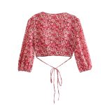 Summer Wind Women V-neck Short Sleeve Lace-up Shirt Printed Top