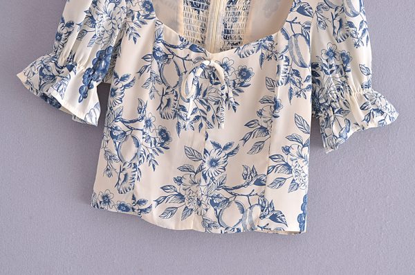 Autumn Lemon Printing Square Collar Lace up Puff Sleeve Short Top