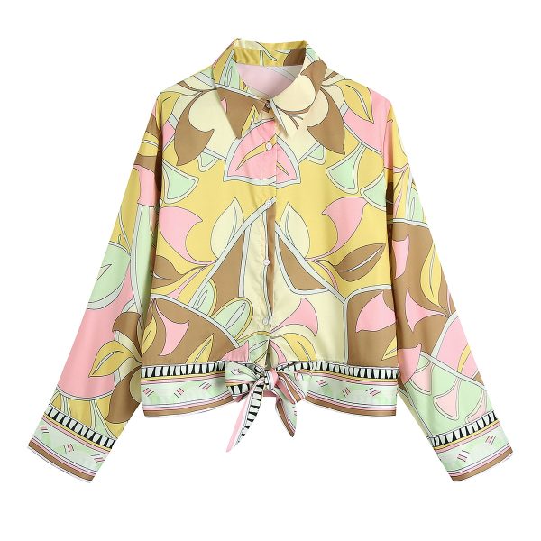 Women Clothing Summer Bowknot Decoration Collared Skin Color Printed Long Sleeve Women Shirt