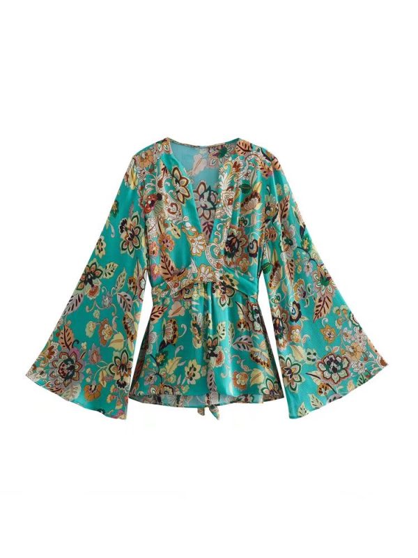 Summer Women Clothing V-neck Flared Long Sleeve Floral Printed Waist-Controlled Blouse Shirt