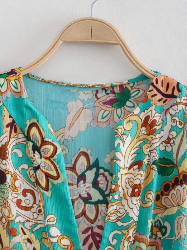 Summer Women Clothing V-neck Flared Long Sleeve Floral Printed Waist-Controlled Blouse Shirt