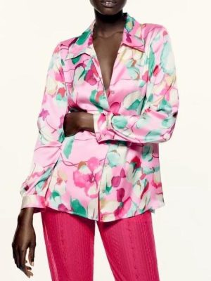 Spring Women Floral Print Silk Satin Texture Blouse Long Sleeve Shirt