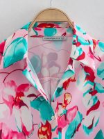 Spring Women Floral Print Silk Satin Texture Blouse Long Sleeve Shirt