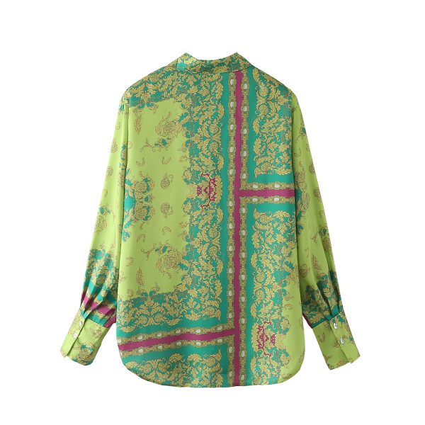 Summer New Fashion Retro Collared Single Breasted Green Long-Sleeved Shirt Women