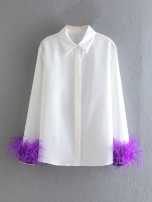 Spring New Fashionable Loose Collared Long Sleeves Purple Feather Stitching Poplin Shirt