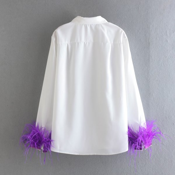 Spring New Fashionable Loose Collared Long Sleeves Purple Feather Stitching Poplin Shirt