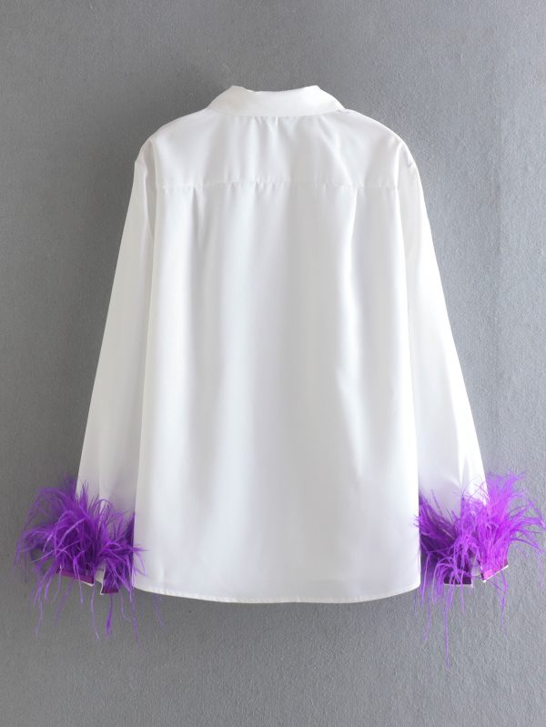 Spring New Fashionable Loose Collared Long Sleeves Purple Feather Stitching Poplin Shirt