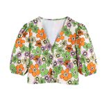 Summer Women Clothing Floral Printed V-neck Puff Sleeve Short Shirt Top