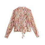 Spring Summer New Women Clothing Bow Tie Printed Shirt Casual Slim-Fit Long-Sleeved Short Top