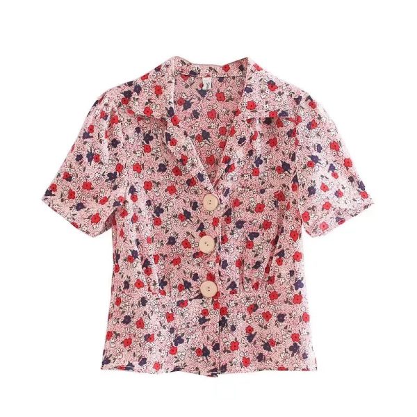 Autumn Minority Floral Suit Collar Single-Breasted Short Sleeve Shirt