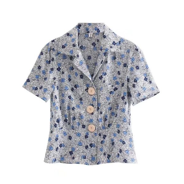 Autumn Minority Floral Suit Collar Single-Breasted Short Sleeve Shirt