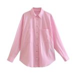 Women Clothes Polo Collar Breasted Long Sleeve Patch Pocket Decoration Two-Color Poplin Blouse
