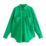 Women Clothes Polo Collar Breasted Long Sleeve Patch Pocket Decoration Two-Color Poplin Blouse