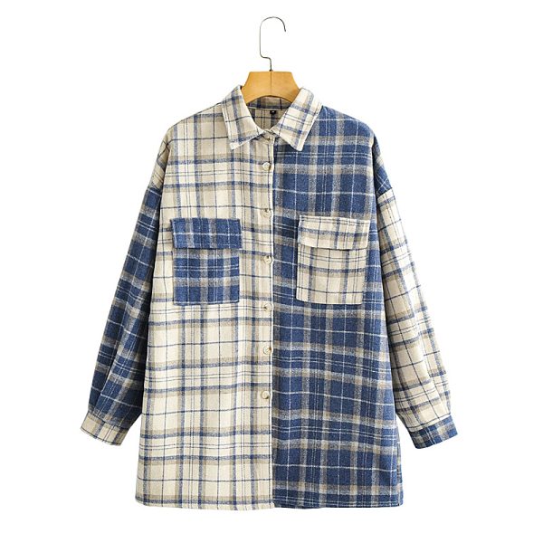 Color Stitching Turnover Neck Loose Casual Chest Patch Pocket Single-Breasted Shirt Plaid Shirt