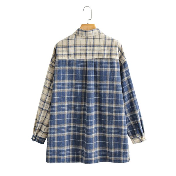 Color Stitching Turnover Neck Loose Casual Chest Patch Pocket Single-Breasted Shirt Plaid Shirt