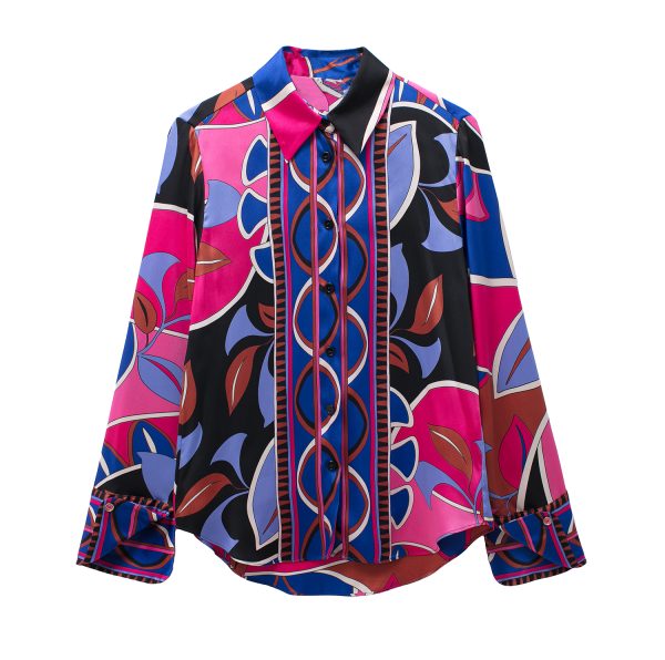 Spring Summer Retro Texture Collared Long Sleeve Printed Vertical Shirt for Women