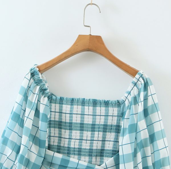 French Retro Street Short Green Plaid Elastic Bandage Shirt Top