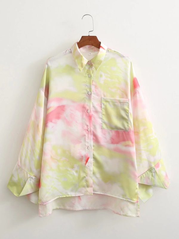 Summer New Women Shirt Front Short Back Long Collared Long Sleeve Satin Tie-Dyed Shirt