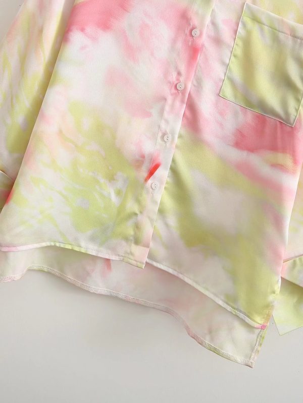 Summer New Women Shirt Front Short Back Long Collared Long Sleeve Satin Tie-Dyed Shirt