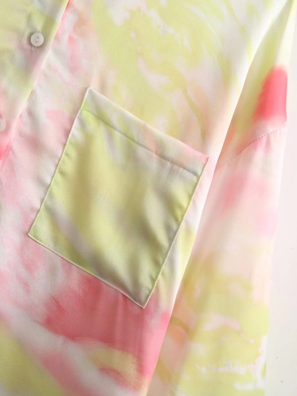 Summer New Women Shirt Front Short Back Long Collared Long Sleeve Satin Tie-Dyed Shirt