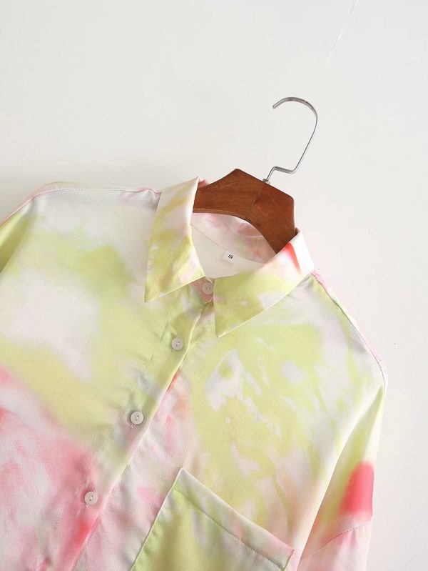 Summer New Women Shirt Front Short Back Long Collared Long Sleeve Satin Tie-Dyed Shirt