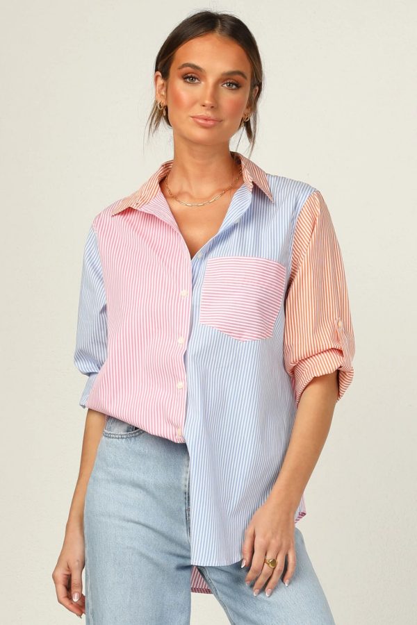 Women Clothing New Fashion All-Match Contrast Color Roll Sleeve Striped Straight Casual Shirt