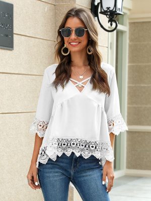 Summer Chiffon Shirt Half Sleeve Lace Cut-out Ruffles Loose Chiffon Blouses for Women