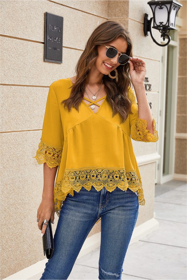 Summer Chiffon Shirt Half Sleeve Lace Cut-out Ruffles Loose Chiffon Blouses for Women