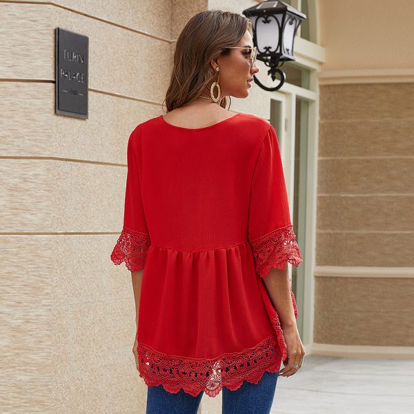 Summer Chiffon Shirt Half Sleeve Lace Cut-out Ruffles Loose Chiffon Blouses for Women