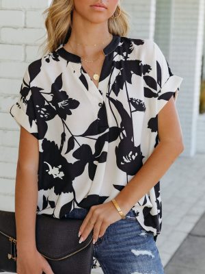 Summer  Women Loose Printed Short Sleeve V-neck Buttons Chiffon Shirt