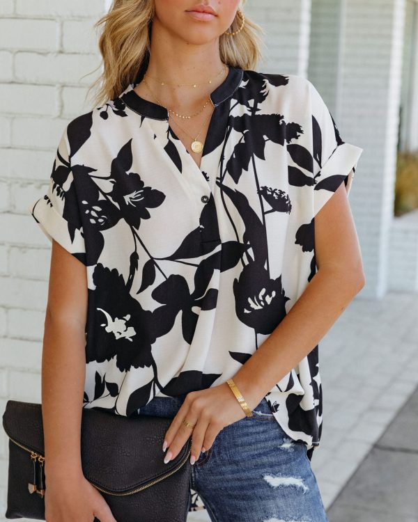 Summer  Women Loose Printed Short Sleeve V-neck Buttons Chiffon Shirt