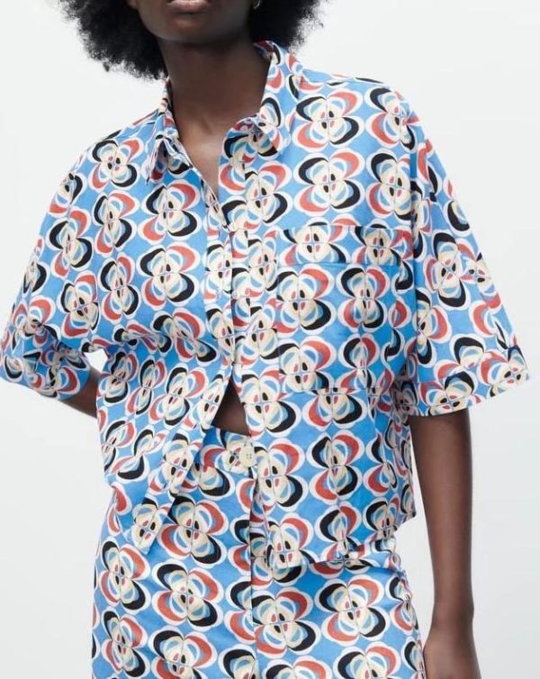Fashion Women Clothing Summer Geometric Abstract Print Loose Half Sleeve Trendy Women Shirt