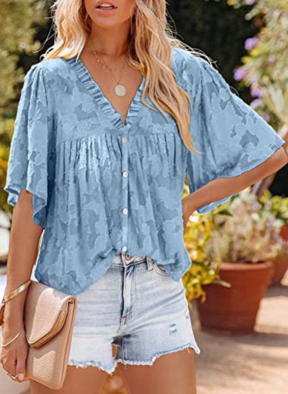 Women Clothing Summer Chiffon Shirt Bell Sleeve Ruffled Collar Lace Hollow Out Cutout Button Top