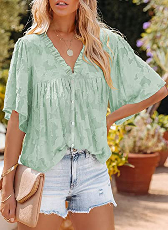 Women Clothing Summer Chiffon Shirt Bell Sleeve Ruffled Collar Lace Hollow Out Cutout Button Top