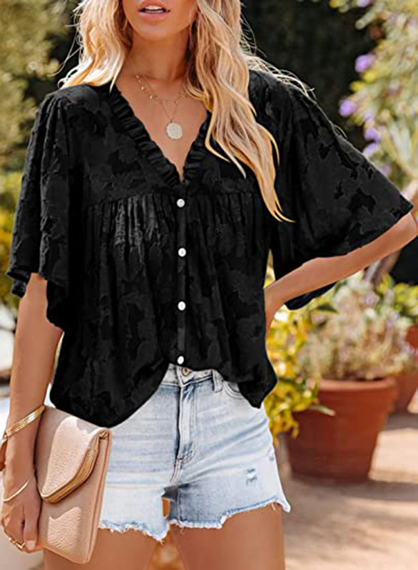 Women Clothing Summer Chiffon Shirt Bell Sleeve Ruffled Collar Lace Hollow Out Cutout Button Top