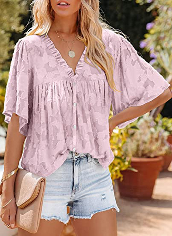 Women Clothing Summer Chiffon Shirt Bell Sleeve Ruffled Collar Lace Hollow Out Cutout Button Top