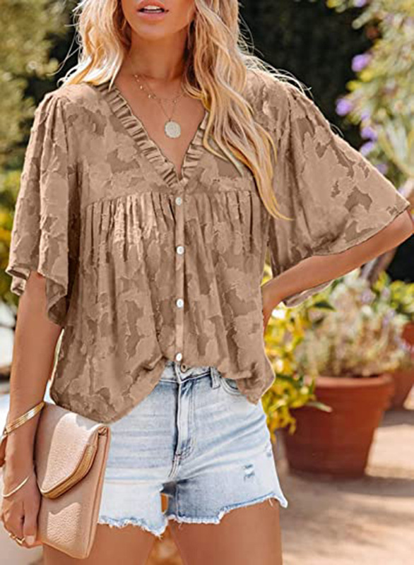 Women Clothing Summer Chiffon Shirt Bell Sleeve Ruffled Collar Lace Hollow Out Cutout Button Top