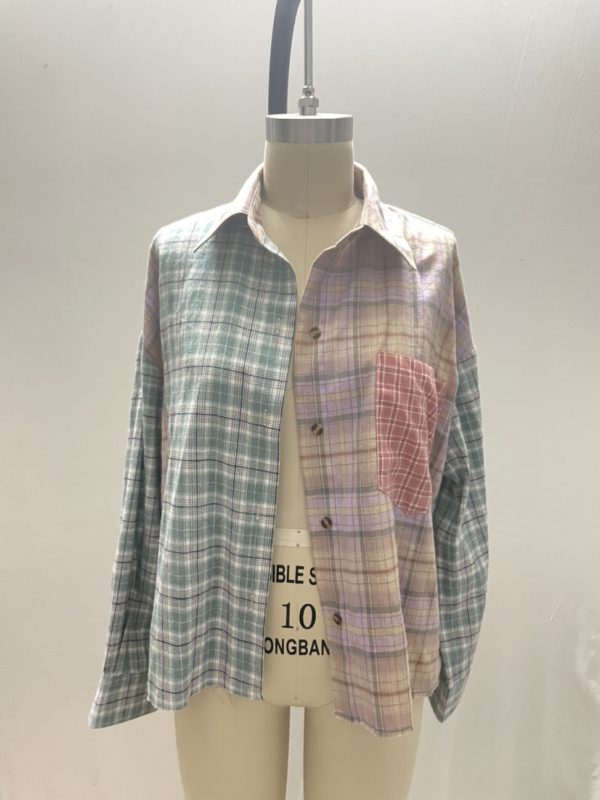 New Spring Casual Fashion Color Block Plaid Stitching Long Sleeves Collared Short Women Shirt Patchwork Macthing