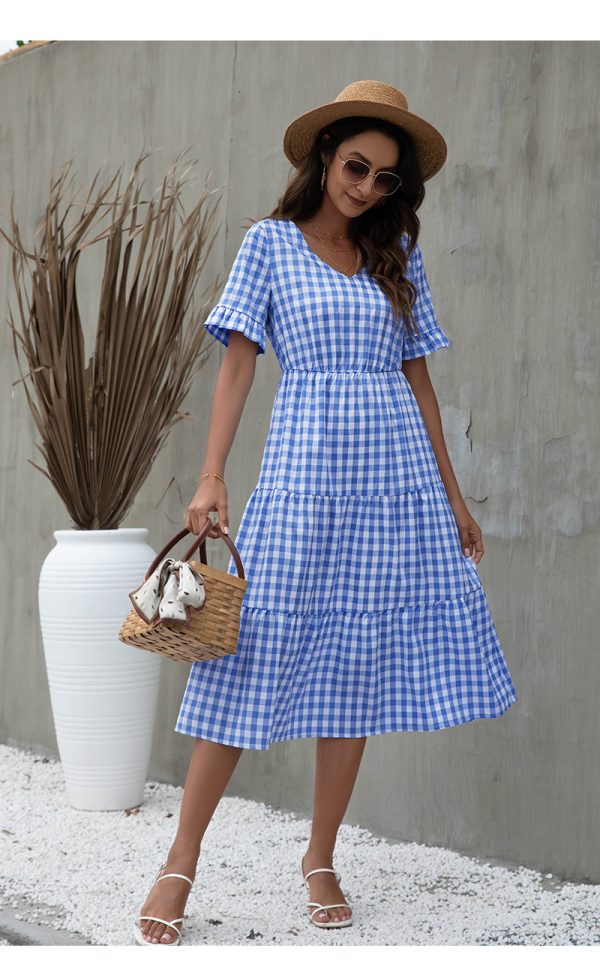 Summer Plaid Printed Dress Ruffle Sleeve Large Swing Casual Dress