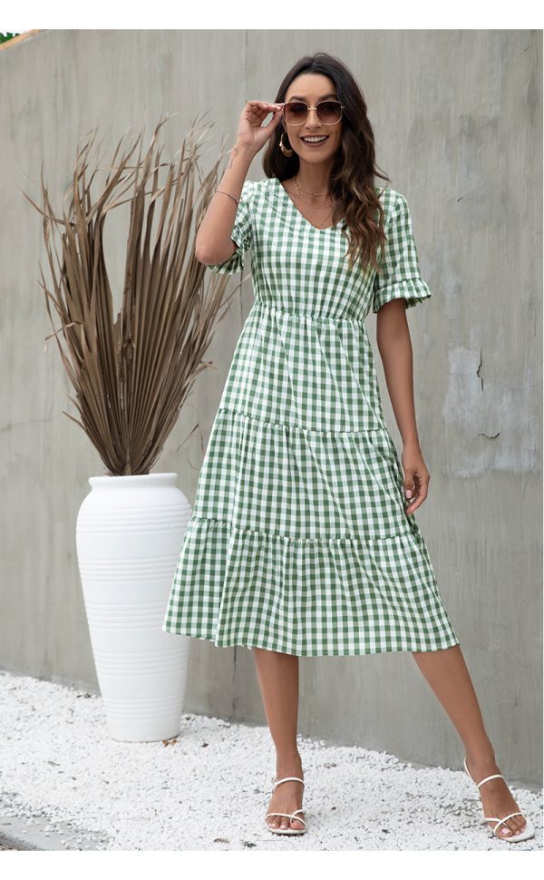 Summer Plaid Printed Dress Ruffle Sleeve Large Swing Casual Dress