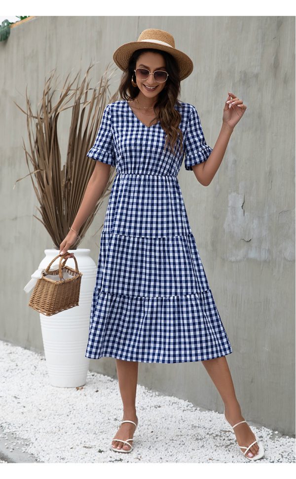 Summer Plaid Printed Dress Ruffle Sleeve Large Swing Casual Dress