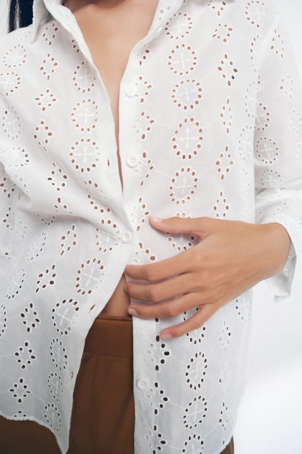 Spring Women White Long Sleeve Hollow Out Cutout Eyelet Embroidered Shirt